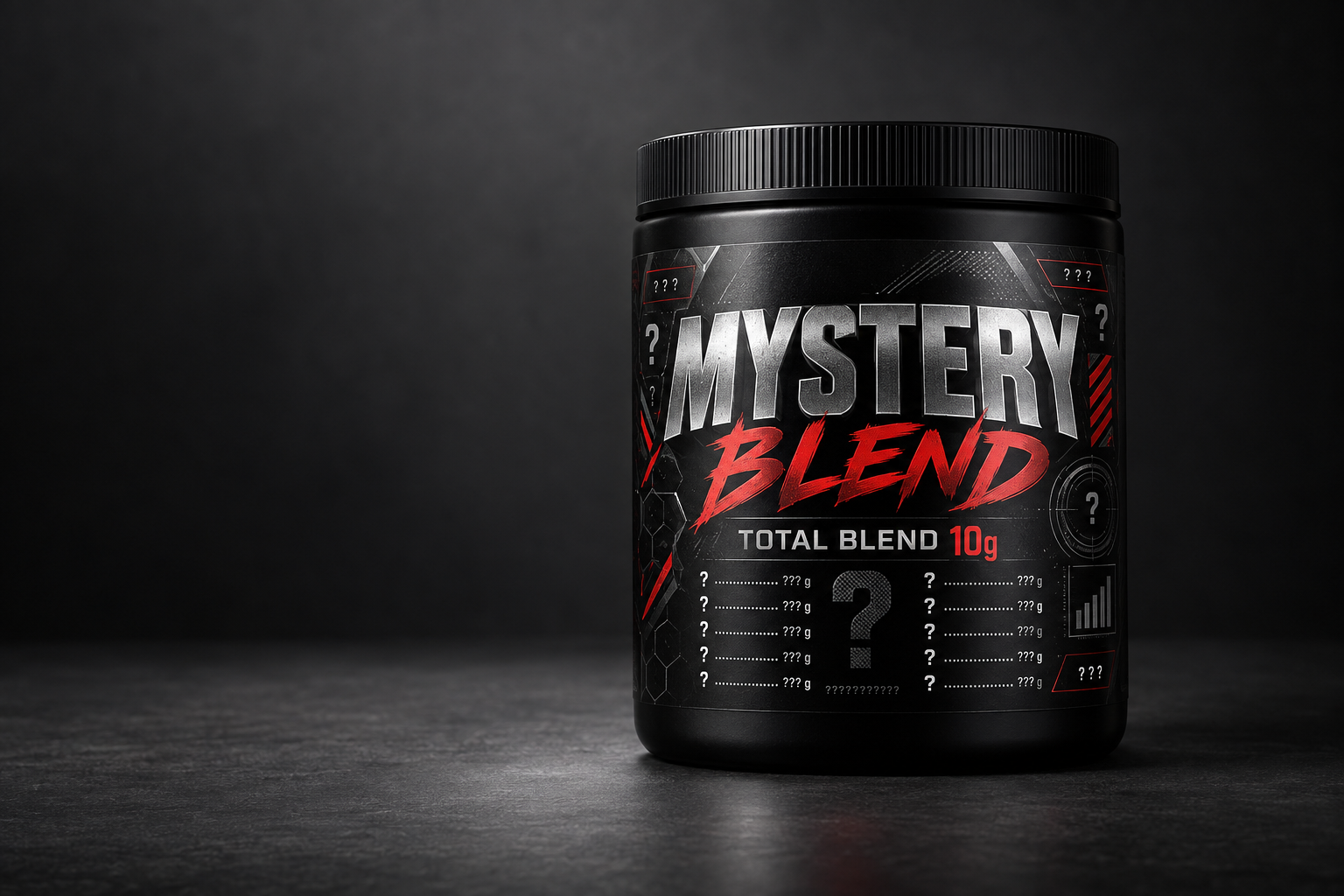 Fictional black pre-workout tub labelled Mystery Blend, with question marks where individual doses would be